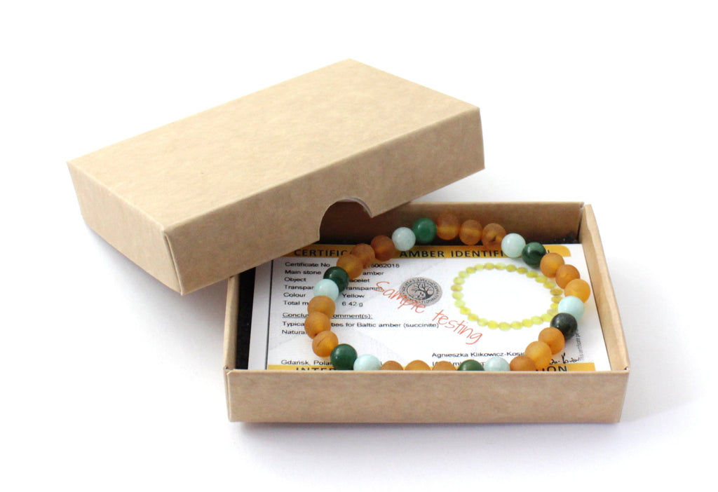 Raw golden honey Baltic amber stretch bracelet with green African jade and amazonite gemstone beads — view 2