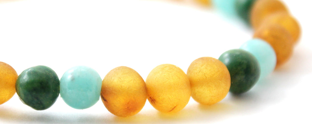 Raw golden honey Baltic amber stretch bracelet with green African jade and amazonite gemstone beads — view 3