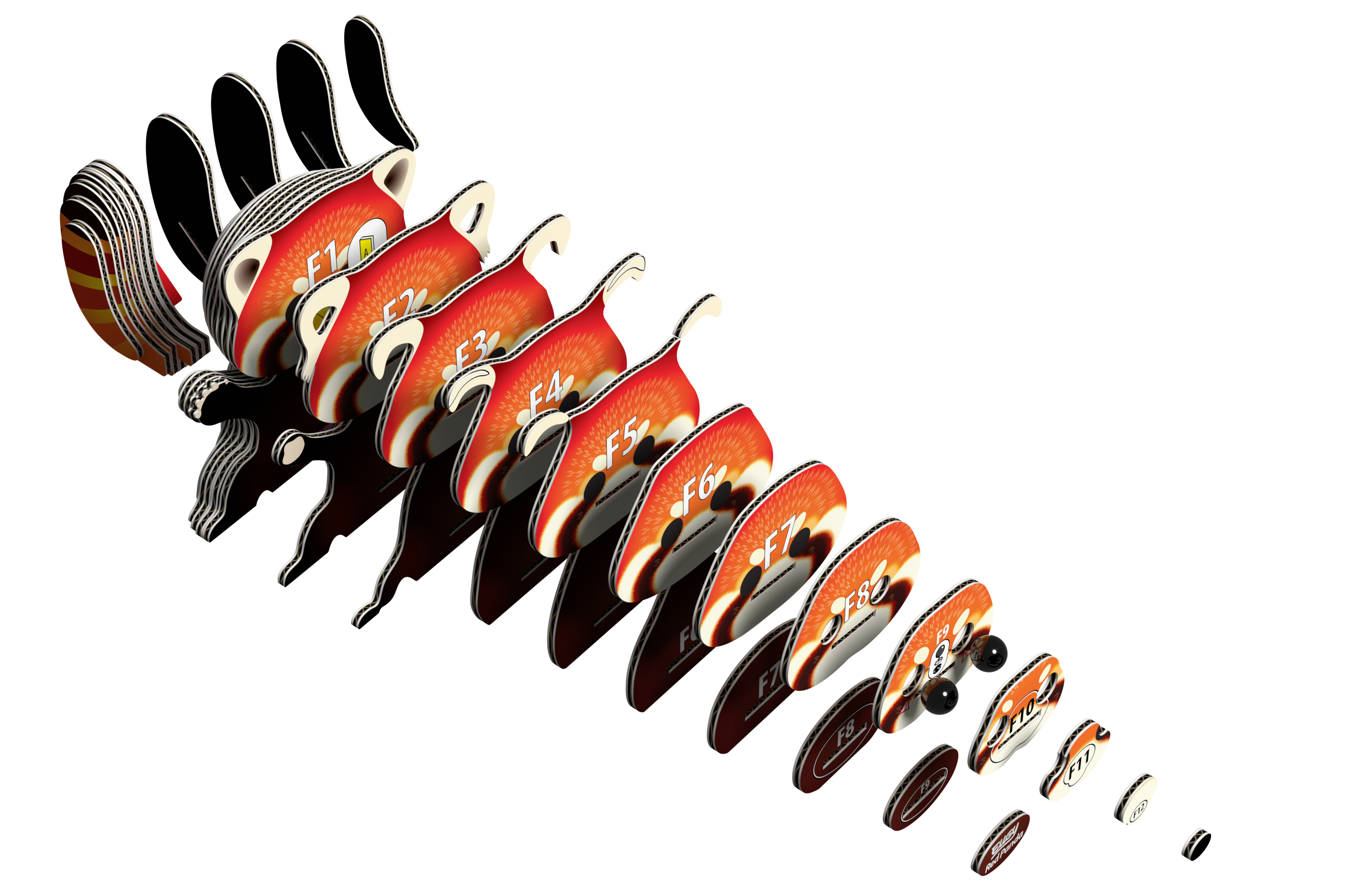 Red Panda 3D puzzle fully assembled from biodegradable cardboard, showing reddish coat and striped tail — view 5