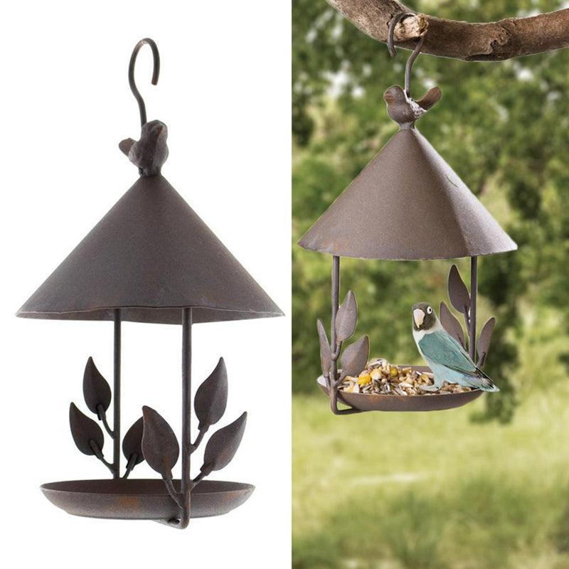 Brown iron aviary bird feeder with decorative artificial birds and delicate floral garden accents — view 3