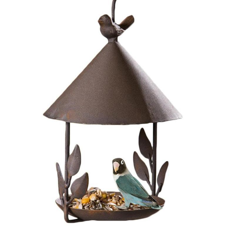 Brown iron aviary bird feeder with decorative artificial birds and delicate floral garden accents — view 2