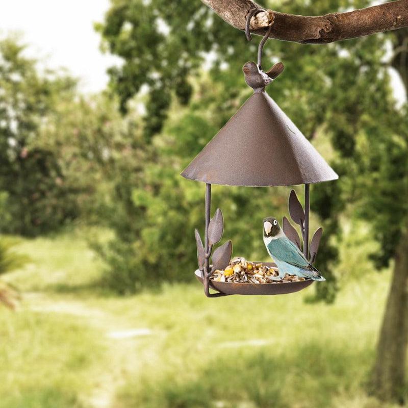 Brown iron aviary bird feeder with decorative artificial birds and delicate floral garden accents — view 4