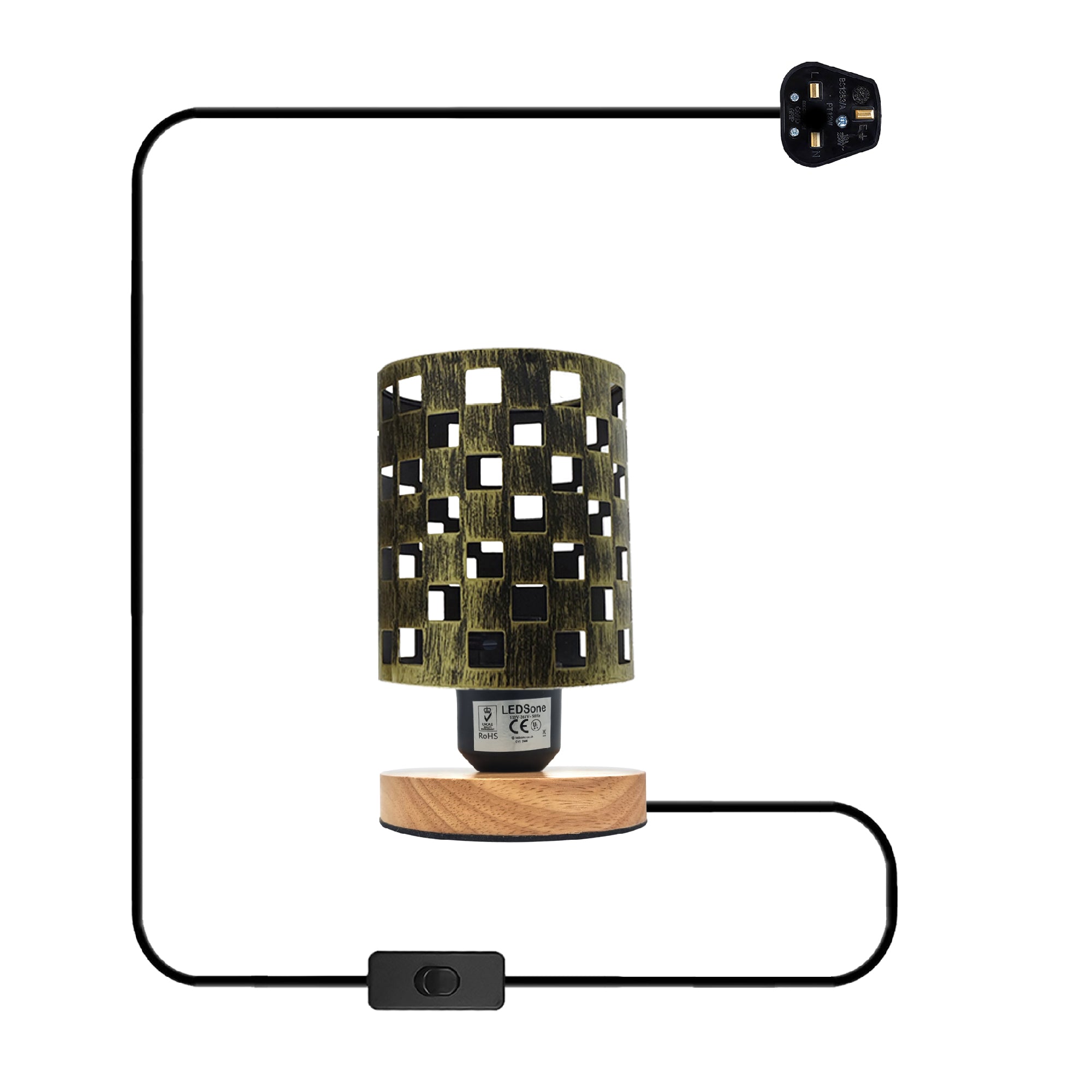 Antique brass bedside table lamp with wood base and metal wire cage cylinder design. — view 4