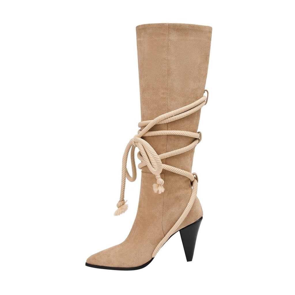 Apricot bohemian knee high boots in soft suede featuring lace-up rope ties and pointed toes — view 5