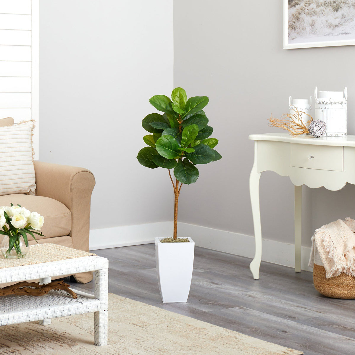 Artificial Fiddle Leaf Fig Tree in White Planter, 45”-3