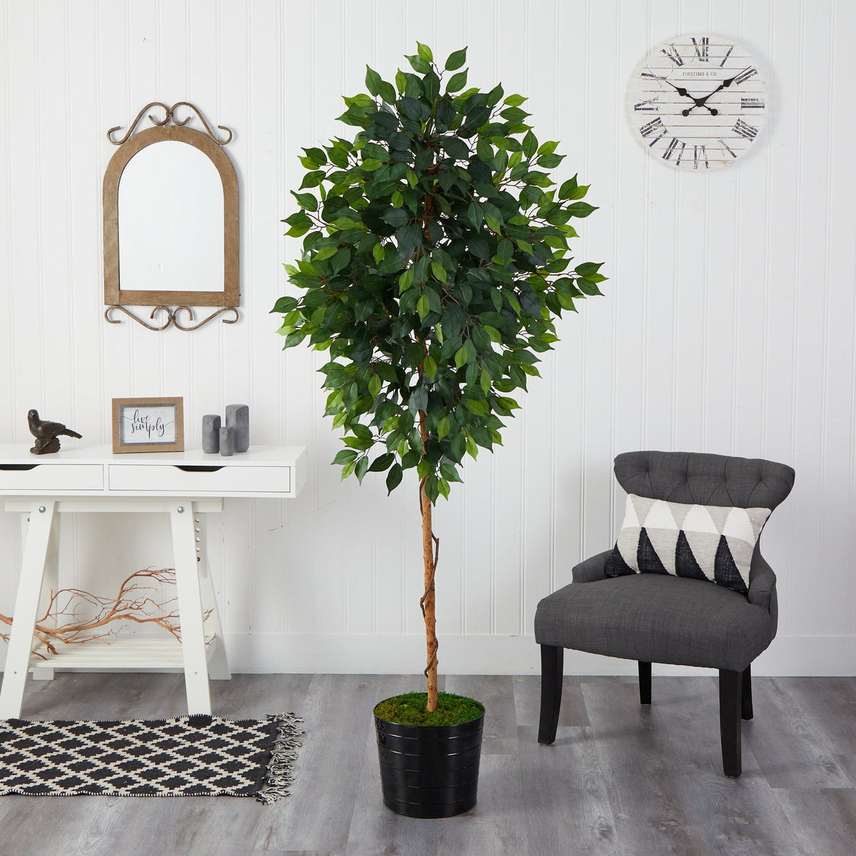 Faux Ficus Tree in Black Planter, 74”-2