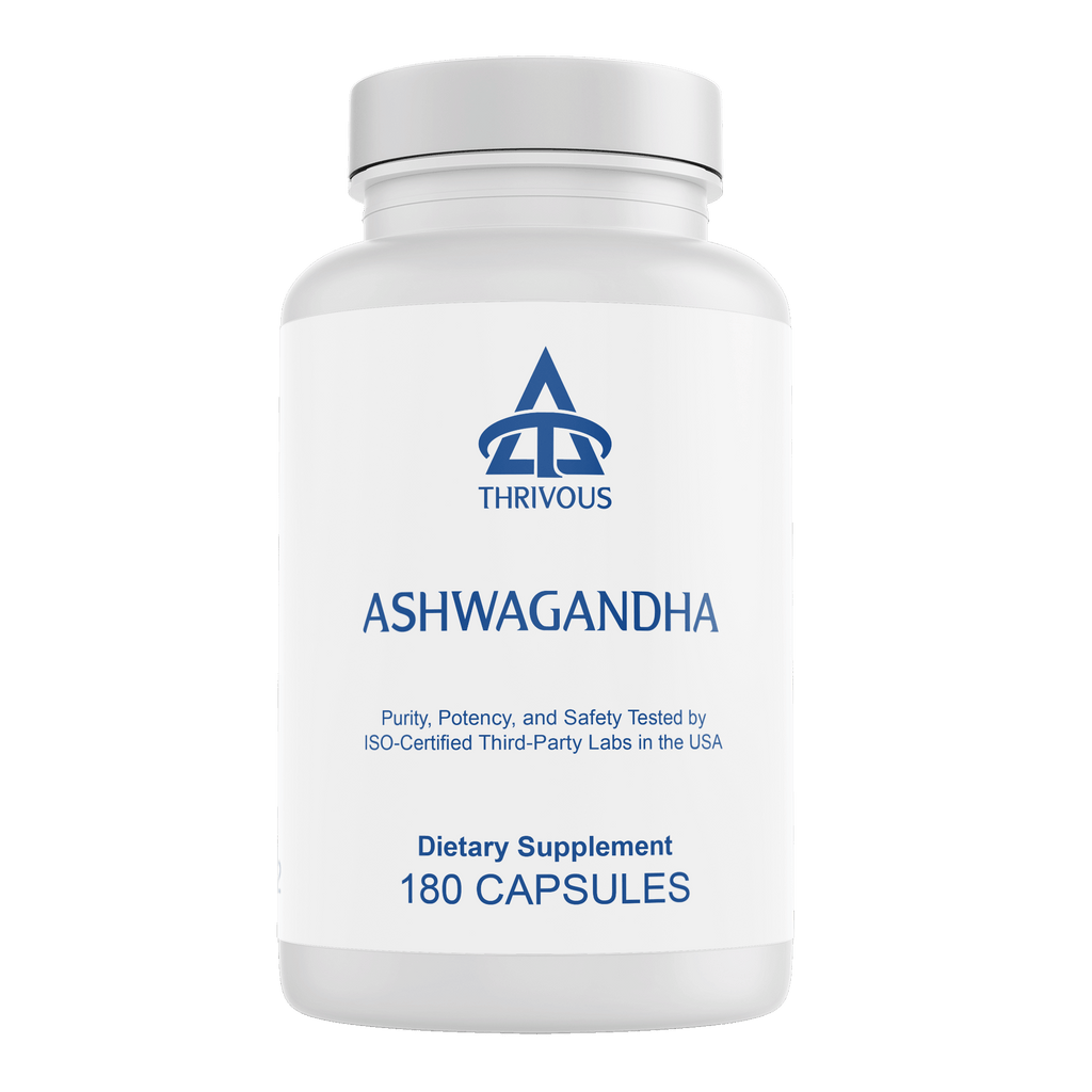 Bottle of premium Ashwagandha dietary supplement capsules featuring KSM-66 root extract for daily stress relief