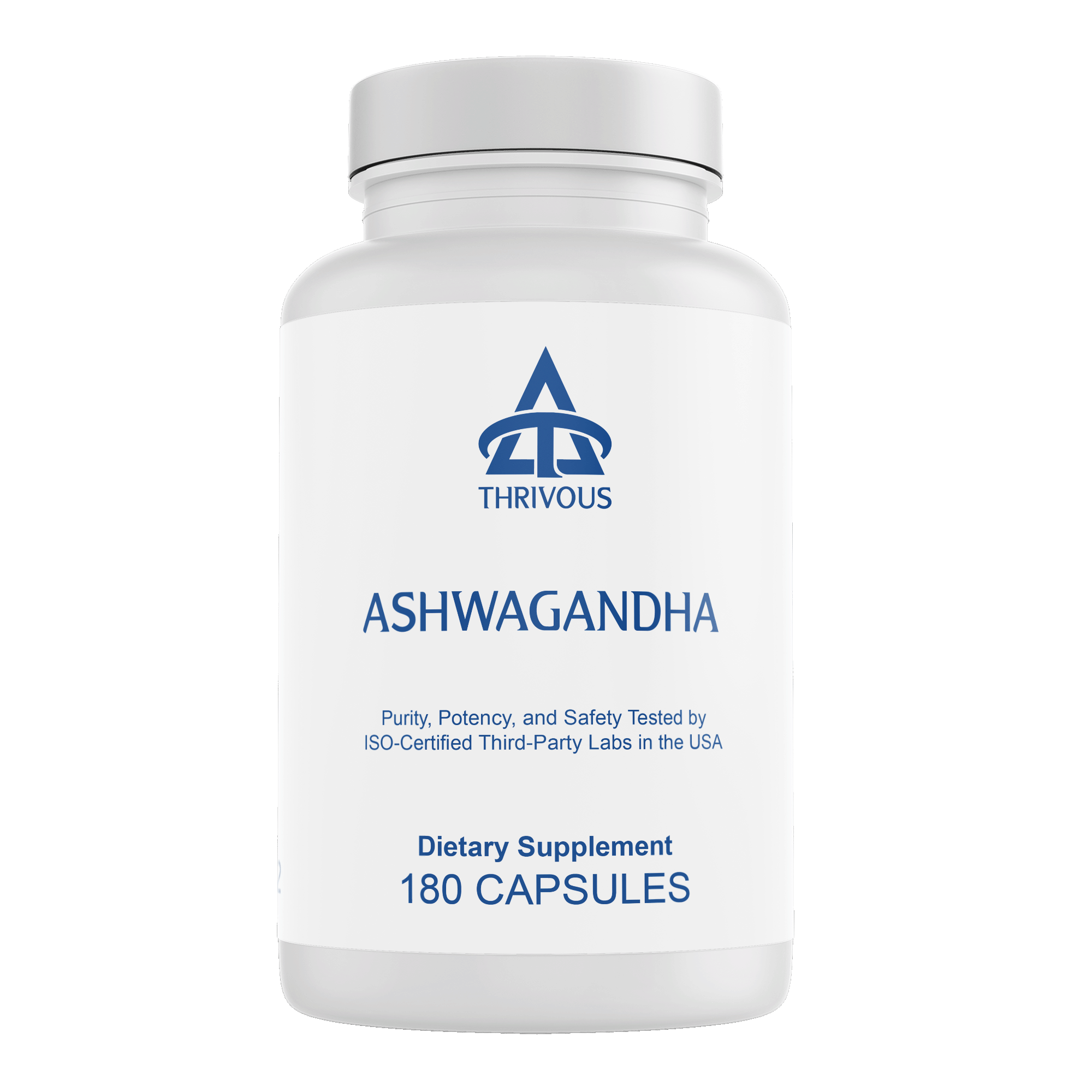 Bottle of premium Ashwagandha dietary supplement capsules featuring KSM-66 root extract for daily stress relief