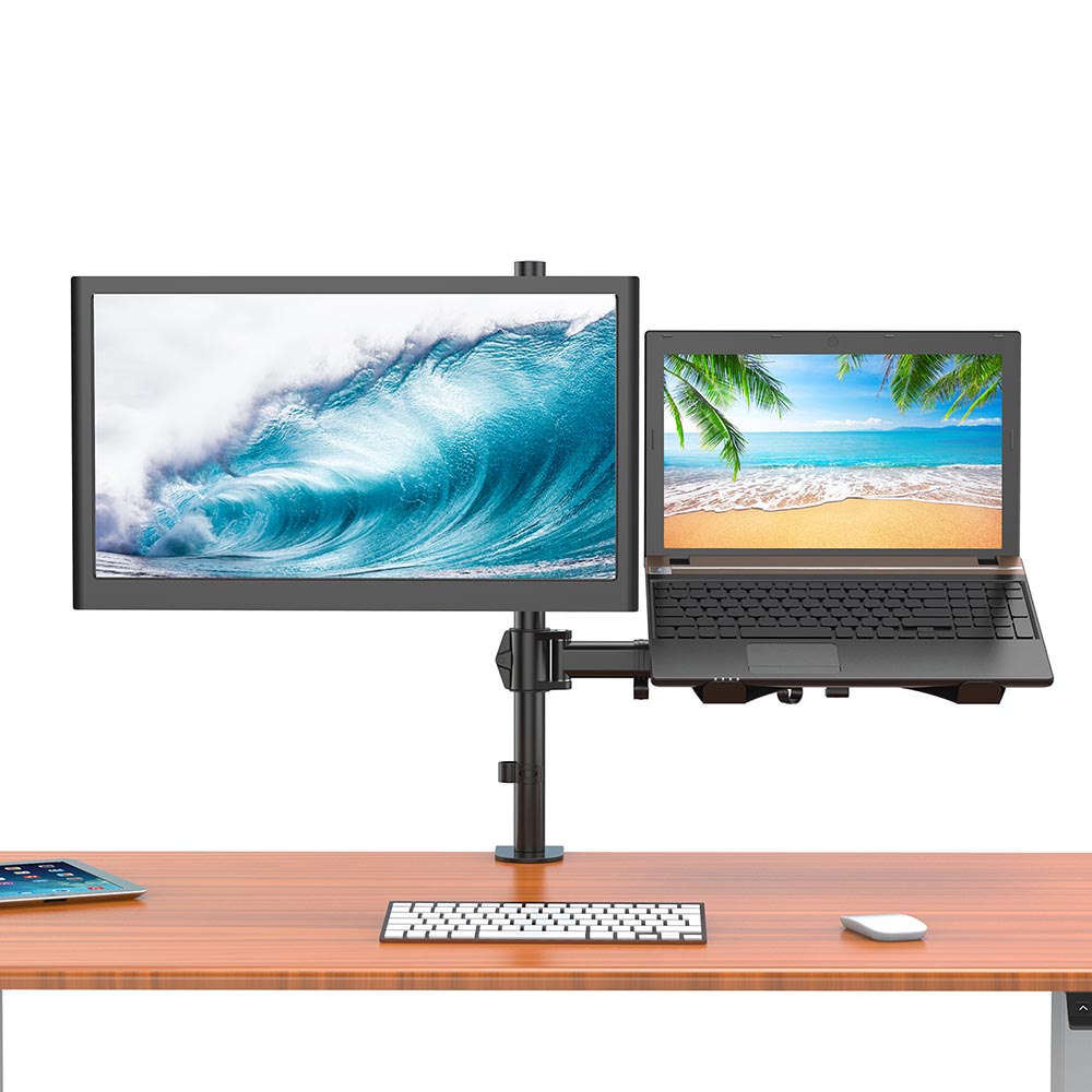 Desktop monitor and laptop stand made of sturdy metal featuring a built-in cable management system — view 2
