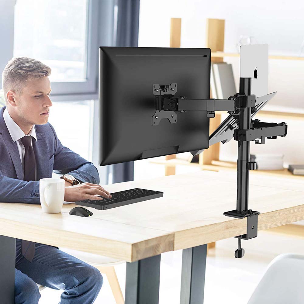 Desktop monitor and laptop stand made of sturdy metal featuring a built-in cable management system — view 5