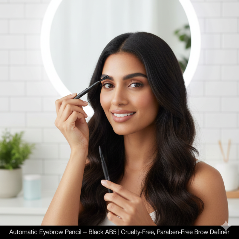 Black automatic eyebrow pencil with angled tip and spoolie brush in recyclable packaging. — view 2