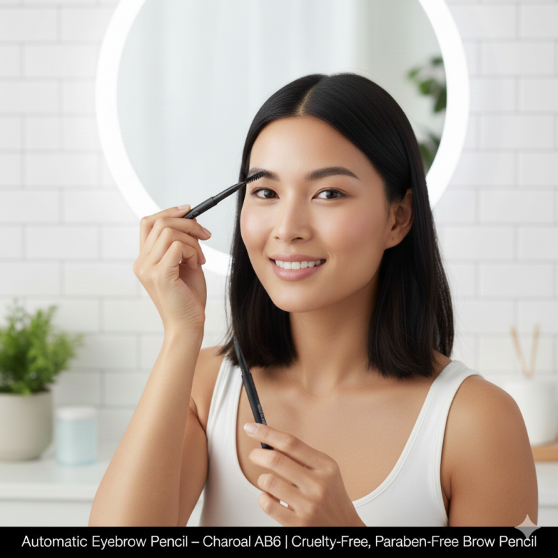 Charcoal automatic eyebrow pencil with angled tip and spoolie brush on a clean background — view 2