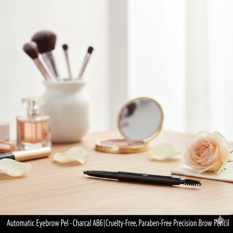 Charcoal automatic eyebrow pencil with angled tip and spoolie brush on a clean background