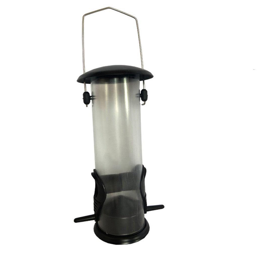 Black metal and transparent plastic automatic hanging bird feeder for outdoor garden spaces. — view 2