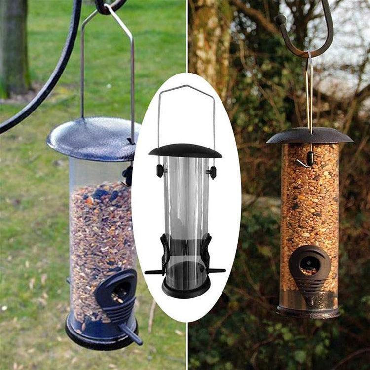 Black metal and transparent plastic automatic hanging bird feeder for outdoor garden spaces. — view 3