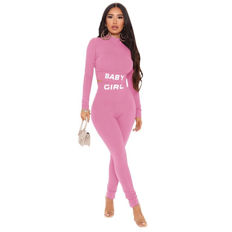 Women's letter print gym tracksuit featuring a long sleeve crop top and flexible matching leggings. — view 2
