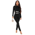 Women's letter print gym tracksuit featuring a long sleeve crop top and flexible matching leggings.