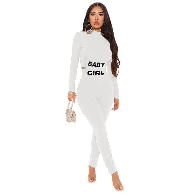 Women's letter print gym tracksuit featuring a long sleeve crop top and flexible matching leggings. — view 5