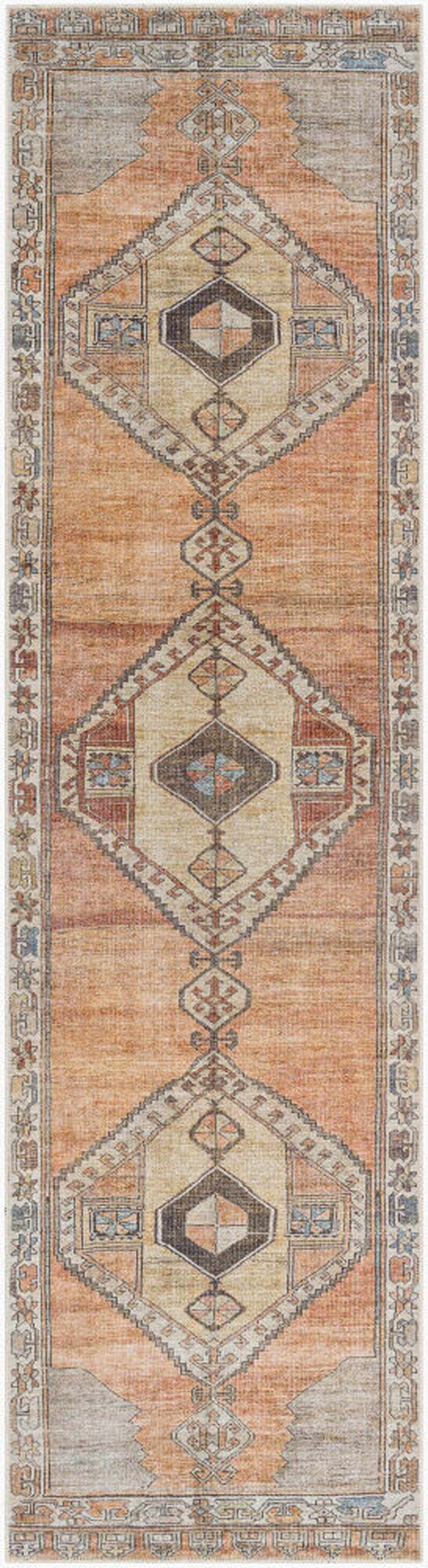 Medinah washable runner rug in dark brown and ivory with traditional bordered medallion pattern