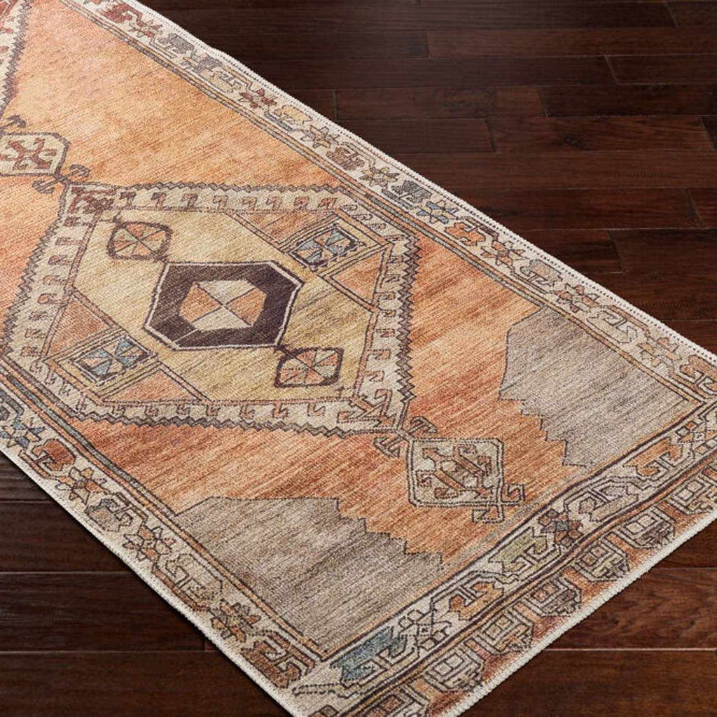 Washable runner rug in dark red traditional pattern, low pile chenille polyester blend for hallways. — view 4