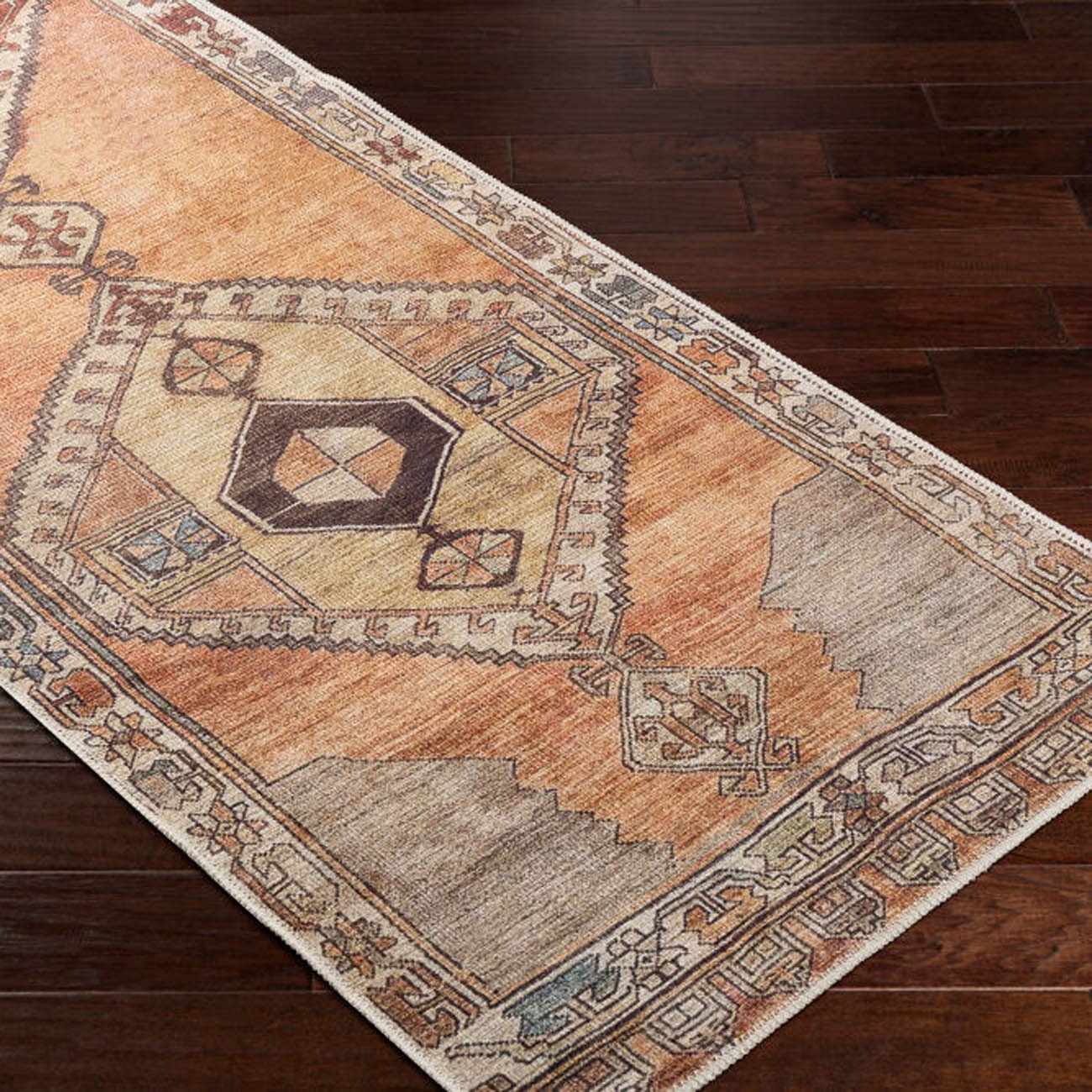 Washable runner rug in dark red traditional pattern, low pile chenille polyester blend for hallways. — view 4