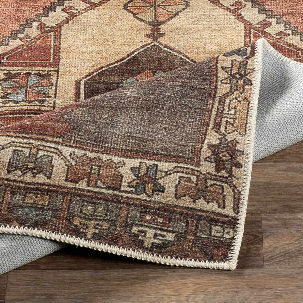 Medinah washable runner rug in dark brown and ivory with traditional bordered medallion pattern — view 5