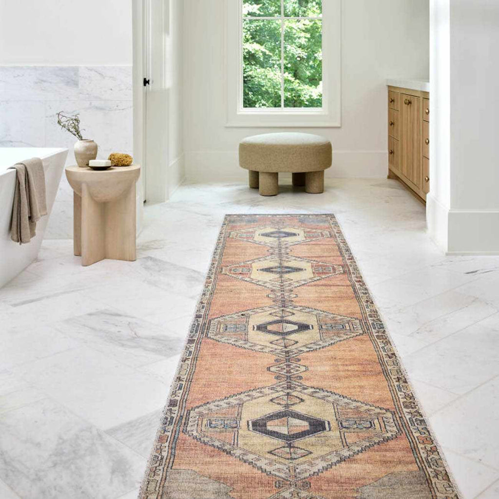 Washable runner rug in dark red traditional pattern, low pile chenille polyester blend for hallways. — view 3