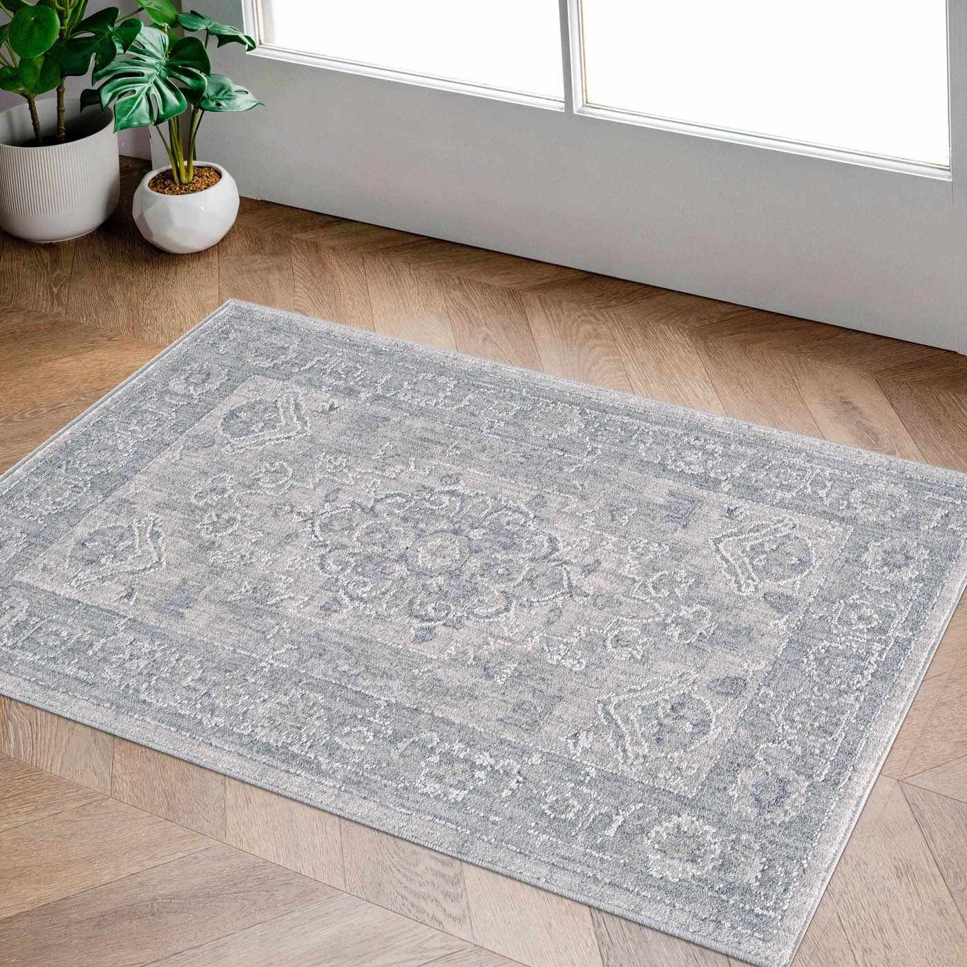 Semaphore thick luxe area rug with traditional medallion pattern in light gray and serene blue```gray and serene blue — view 5