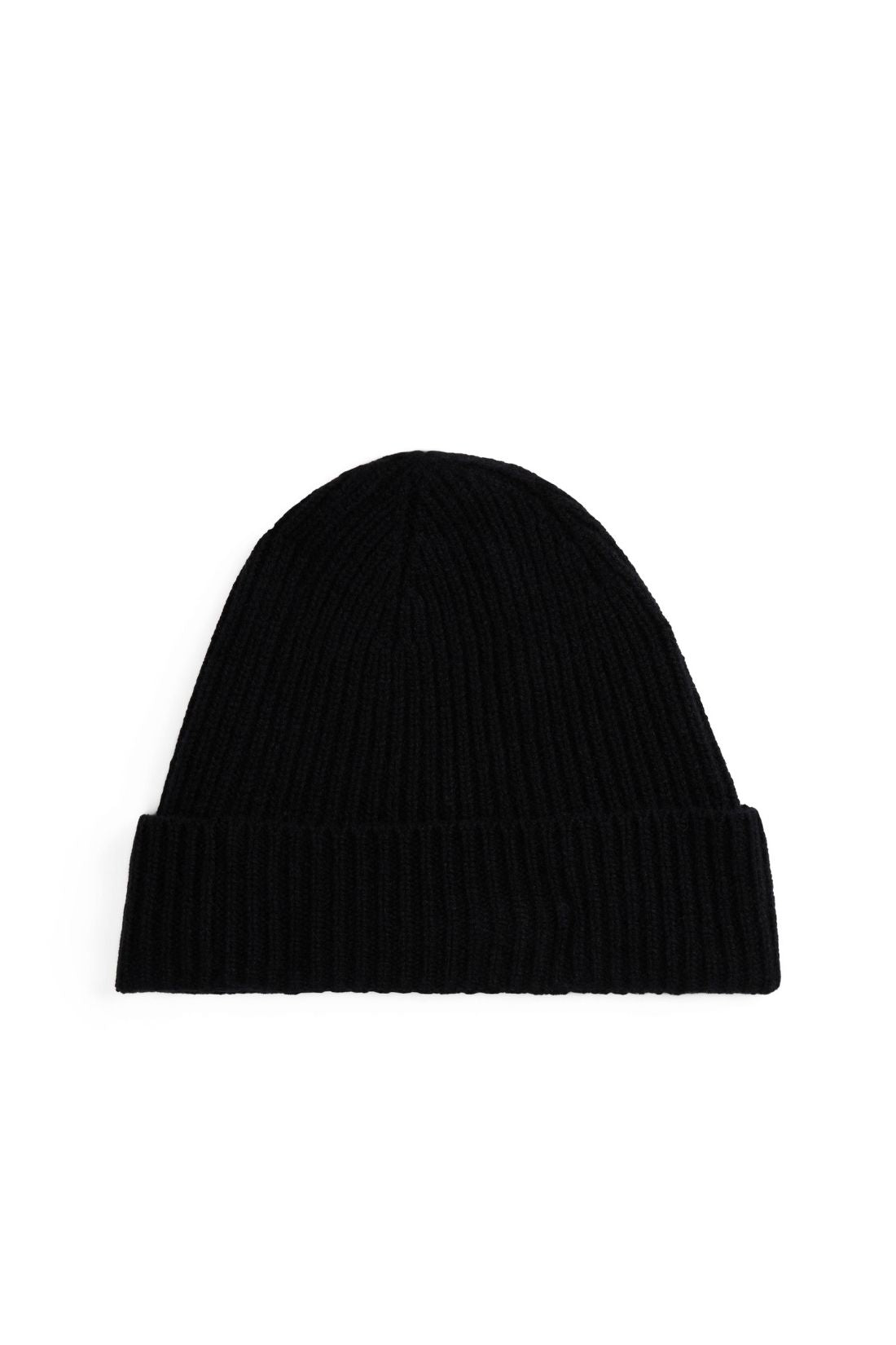 Women's pure beige cashmere ribbed knit beanie with turn up hem and monogram plaque — view 2