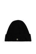 Women's pure beige cashmere ribbed knit beanie with turn up hem and monogram plaque