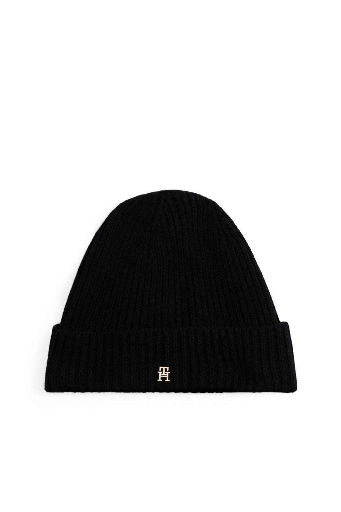 Women's pure beige cashmere ribbed knit beanie with turn up hem and monogram plaque