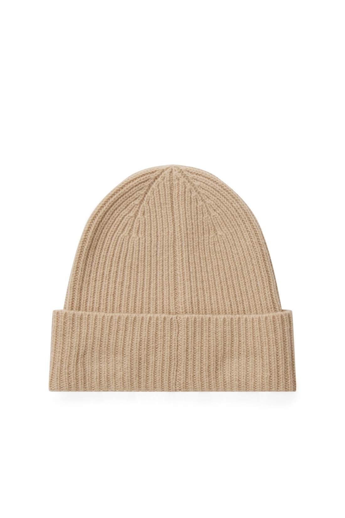 Women's pure beige cashmere ribbed knit beanie with turn up hem and monogram plaque — view 8