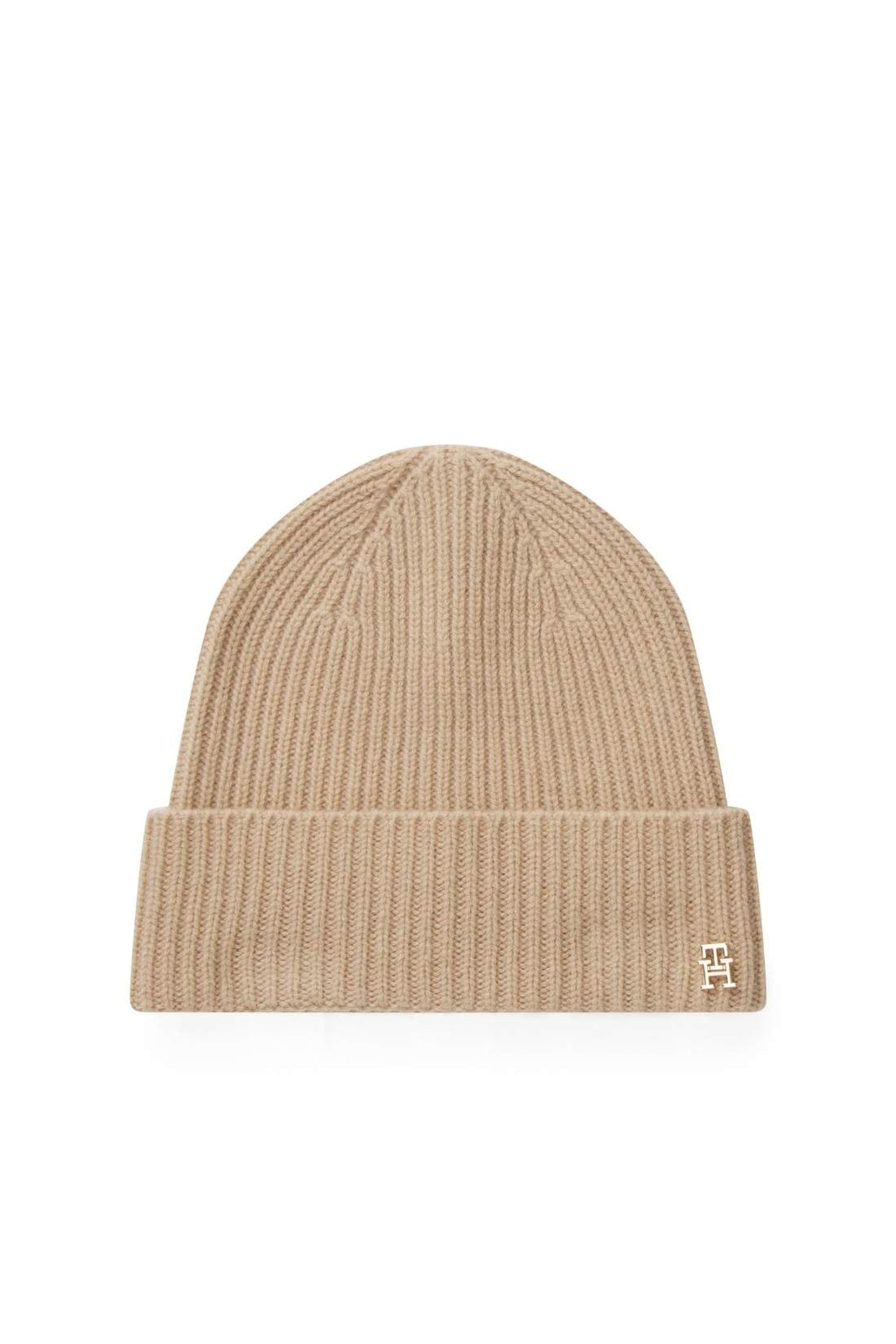 Women's pure beige cashmere ribbed knit beanie with turn up hem and monogram plaque — view 7