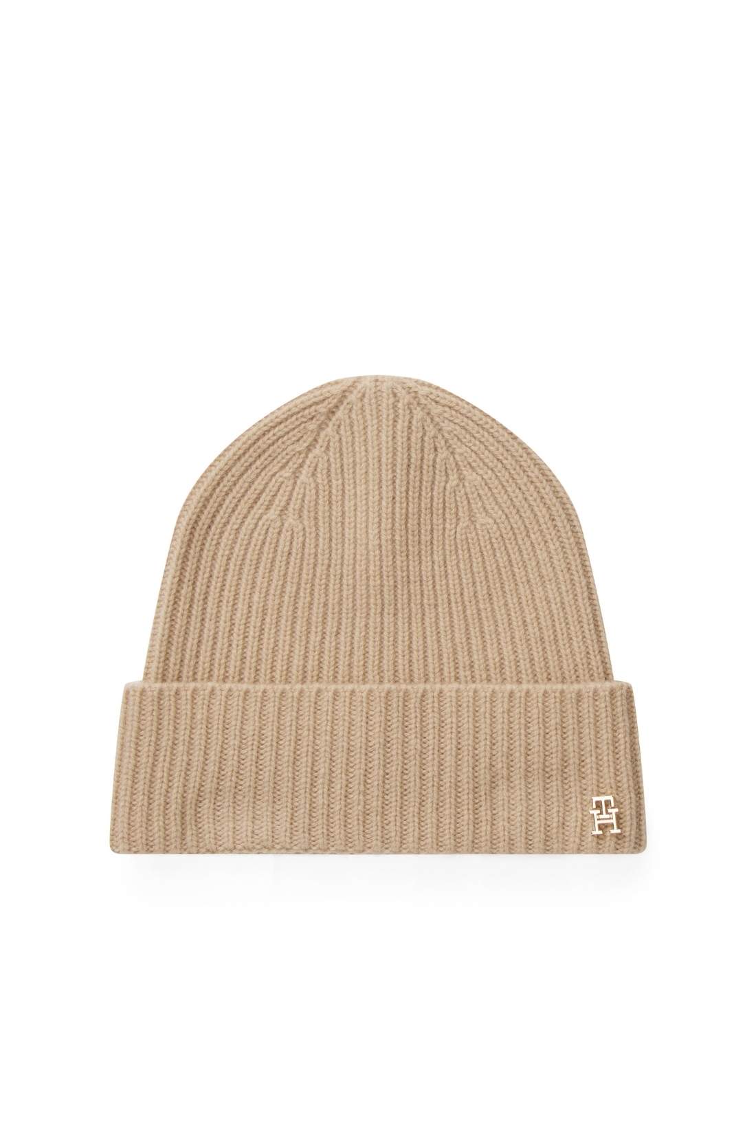 Women's pure beige cashmere ribbed knit beanie with turn up hem and monogram plaque — view 7