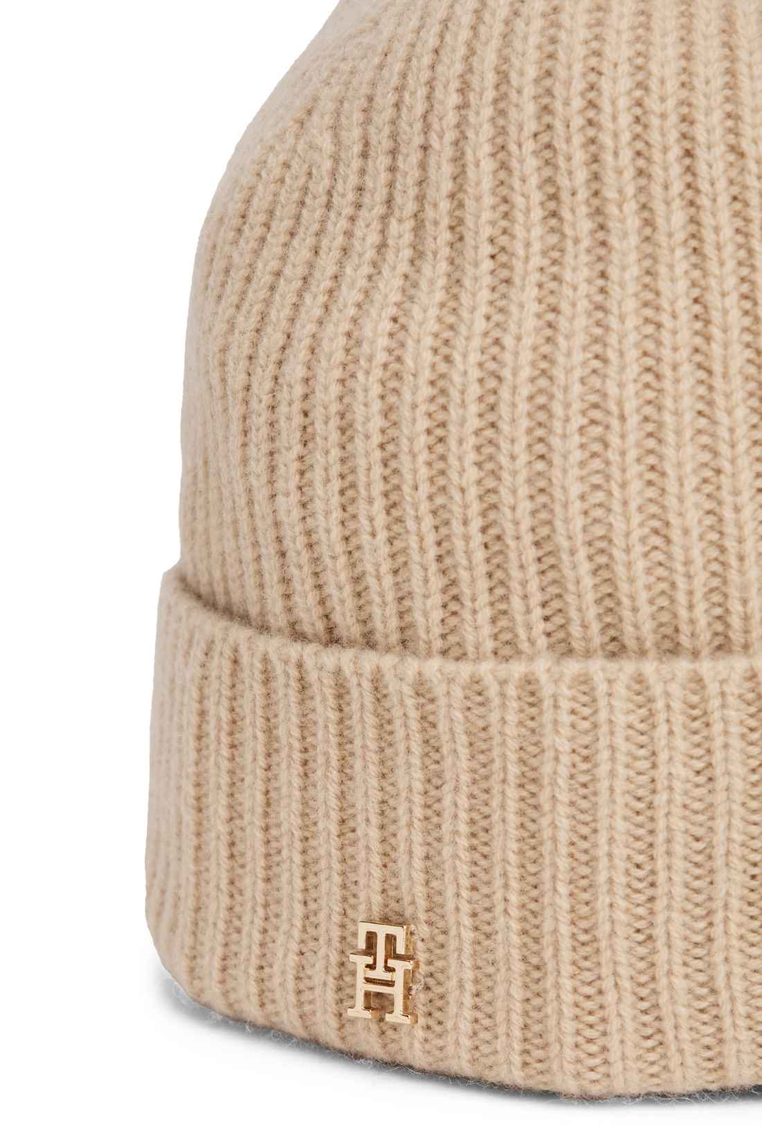Women's pure beige cashmere ribbed knit beanie with turn up hem and monogram plaque — view 9