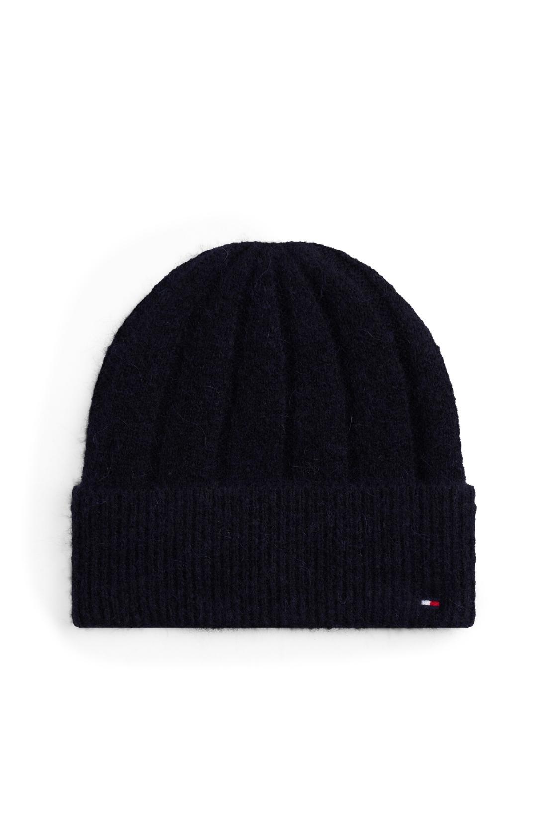 Women's pink wide-rib knit beanie in wool and alpaca blend with embroidered front flag logo — view 10