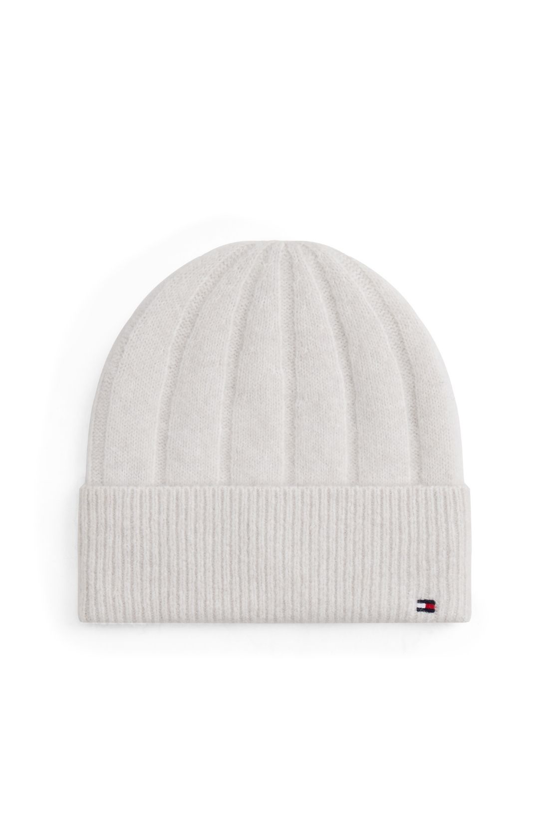 Women's pink wide-rib knit beanie in wool and alpaca blend with embroidered front flag logo — view 4