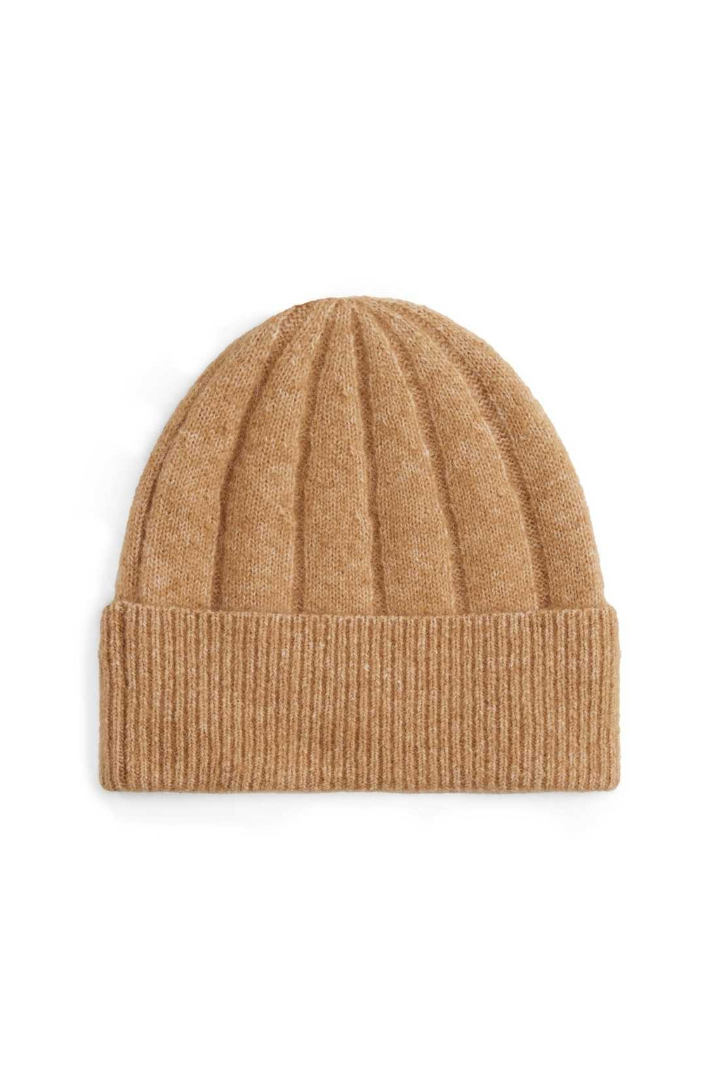 Women's pink wide-rib knit beanie in wool and alpaca blend with embroidered front flag logo — view 17