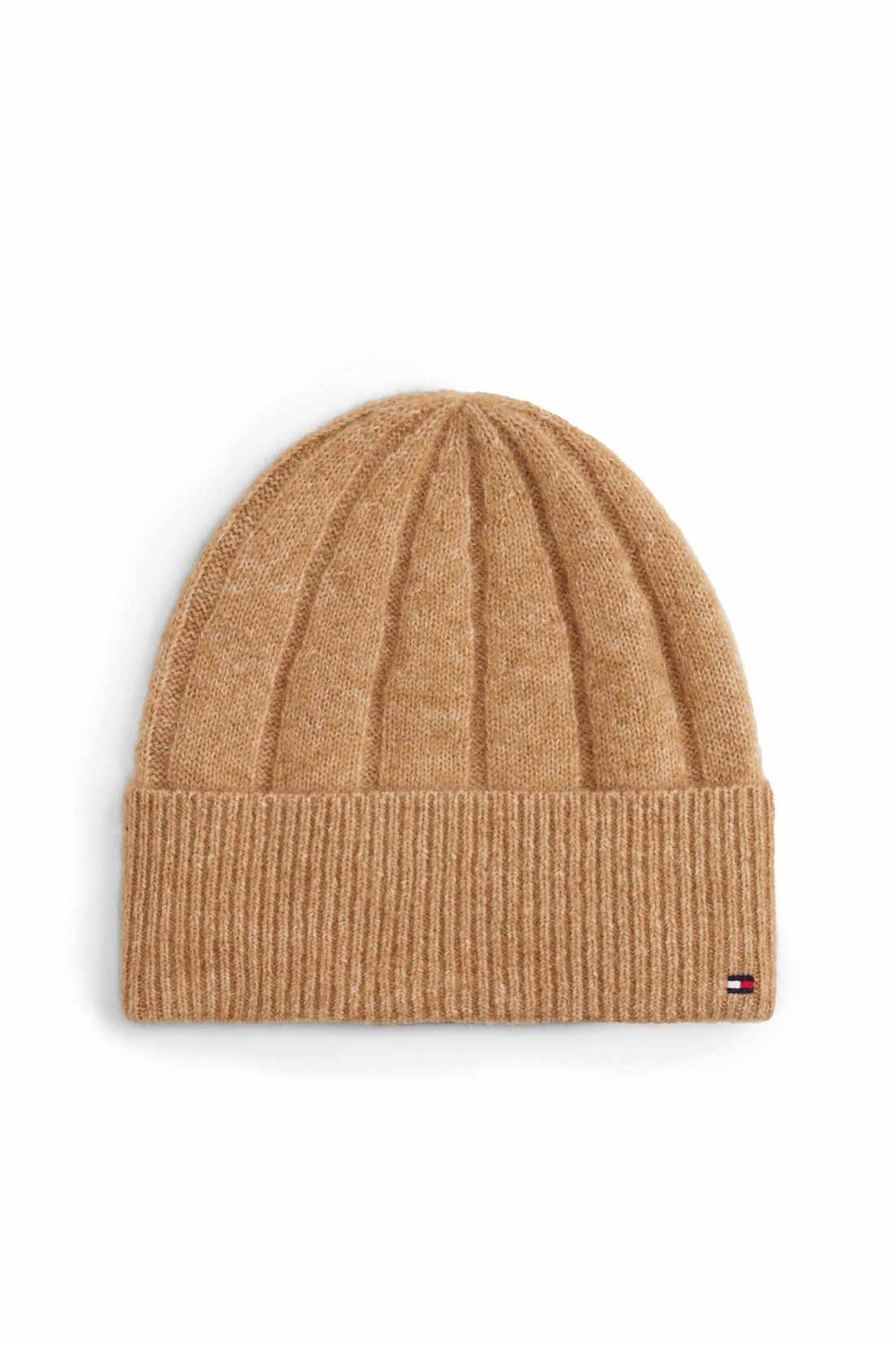 Women's pink wide-rib knit beanie in wool and alpaca blend with embroidered front flag logo — view 16