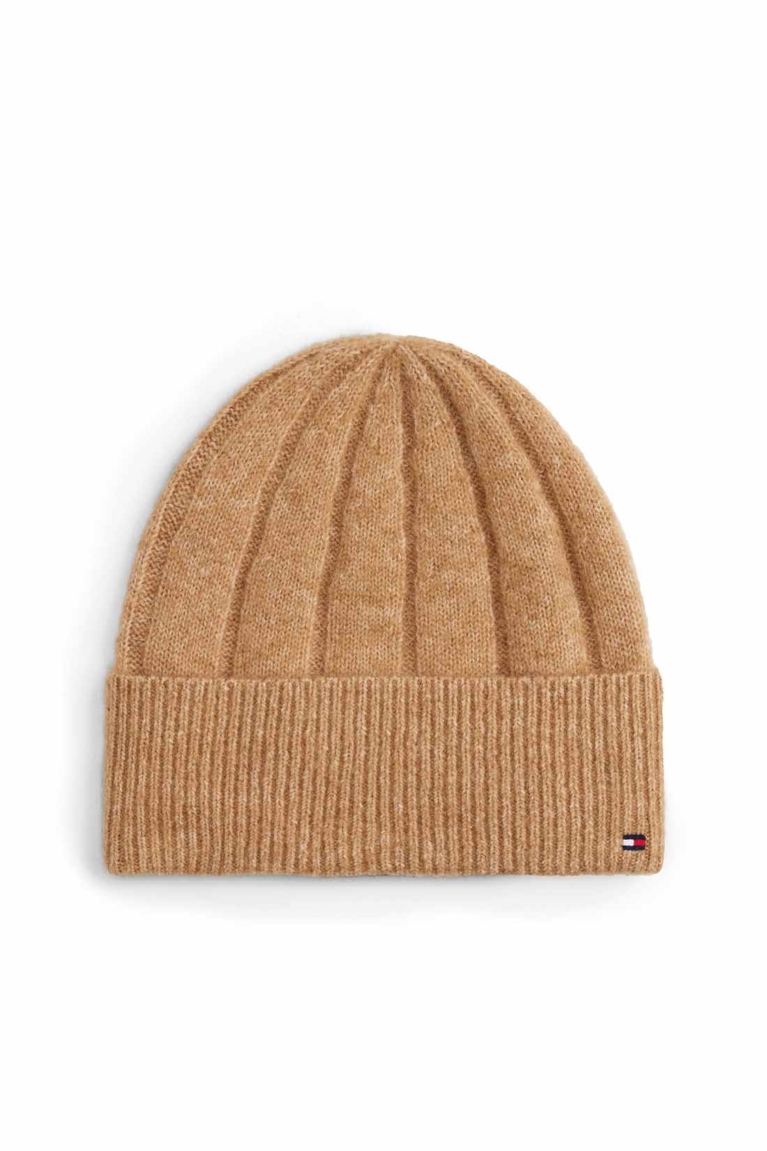 Women's pink wide-rib knit beanie in wool and alpaca blend with embroidered front flag logo — view 16