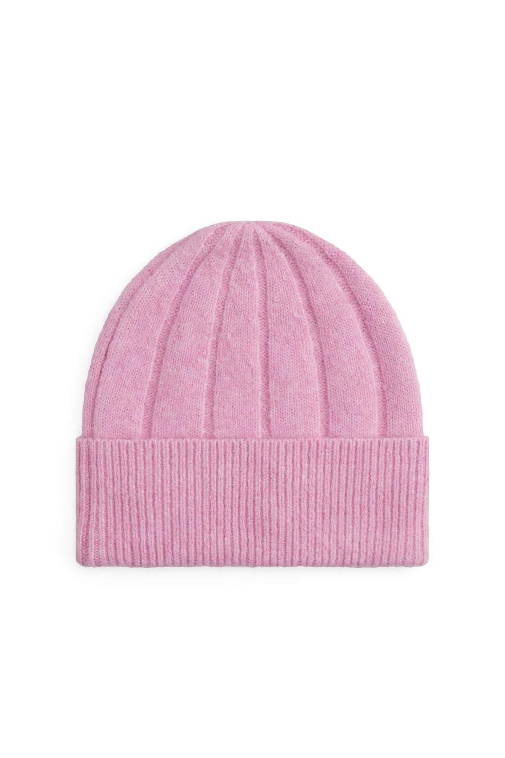 Women's pink wide-rib knit beanie in wool and alpaca blend with embroidered front flag logo — view 20