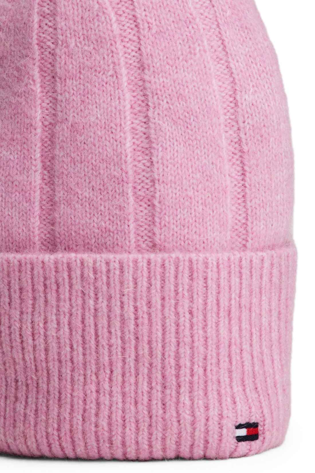 Women's pink wide-rib knit beanie in wool and alpaca blend with embroidered front flag logo — view 21