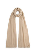 Pure cashmere women's scarf in light beige with monogram logo plaque, laid flat.