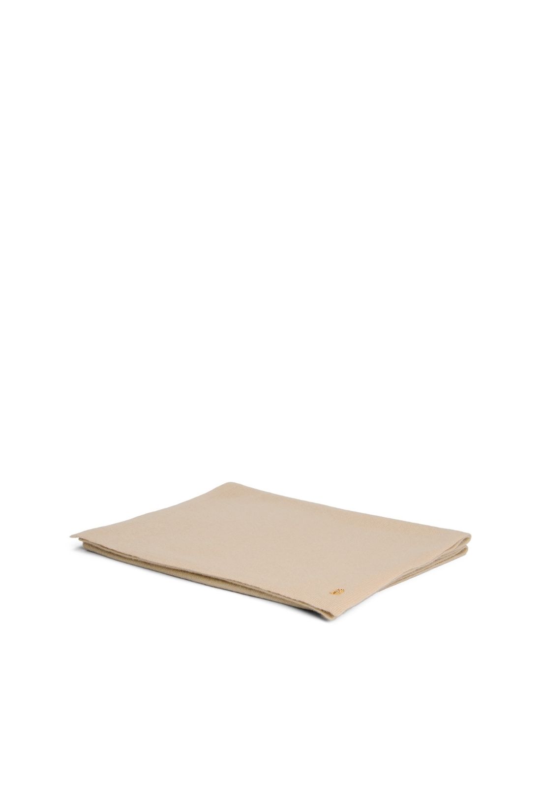 Pure cashmere women's scarf in light beige with monogram logo plaque, laid flat. — view 7
