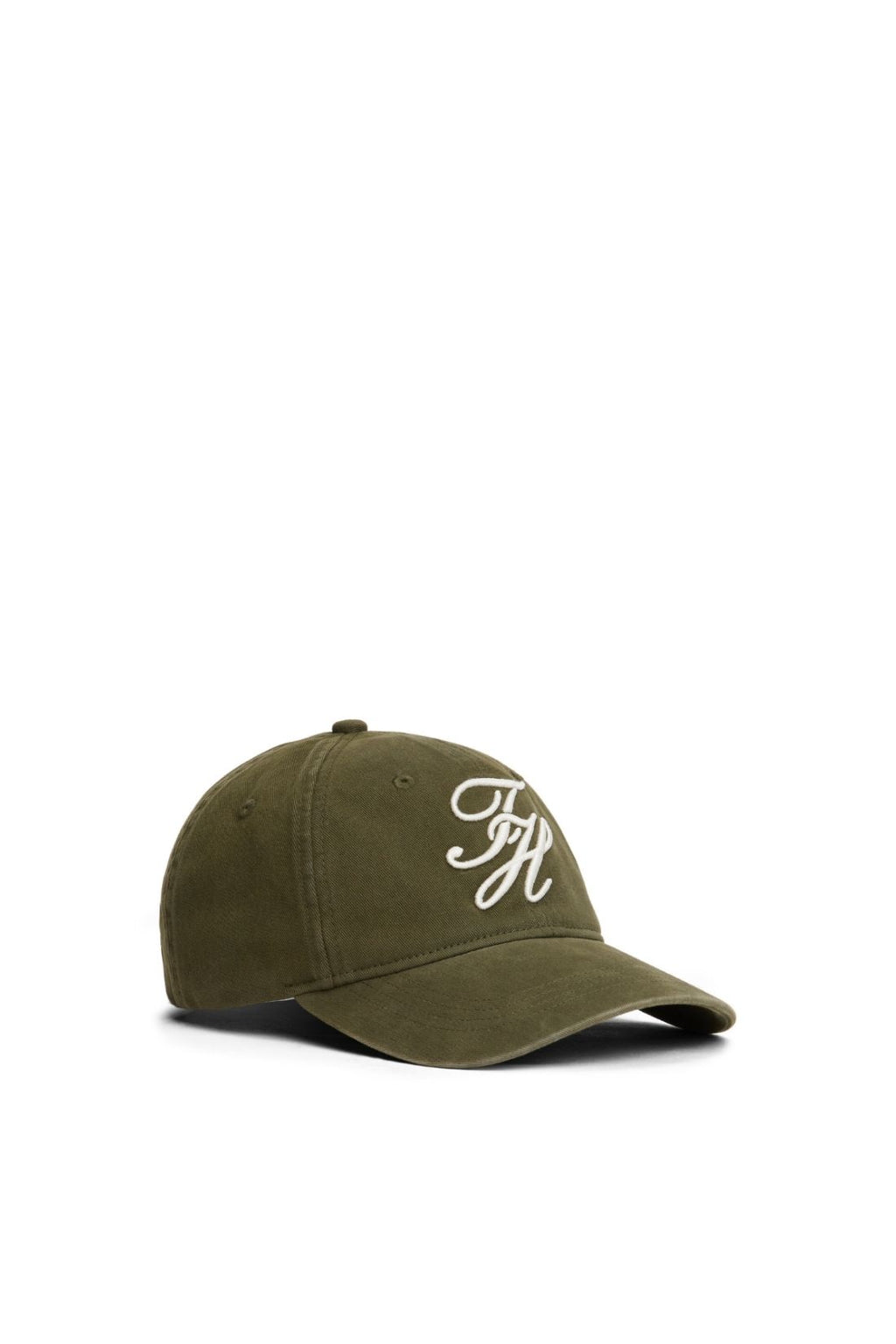 Military green women's organic cotton baseball cap featuring front monogram embroidery and six-panel construction — view 10