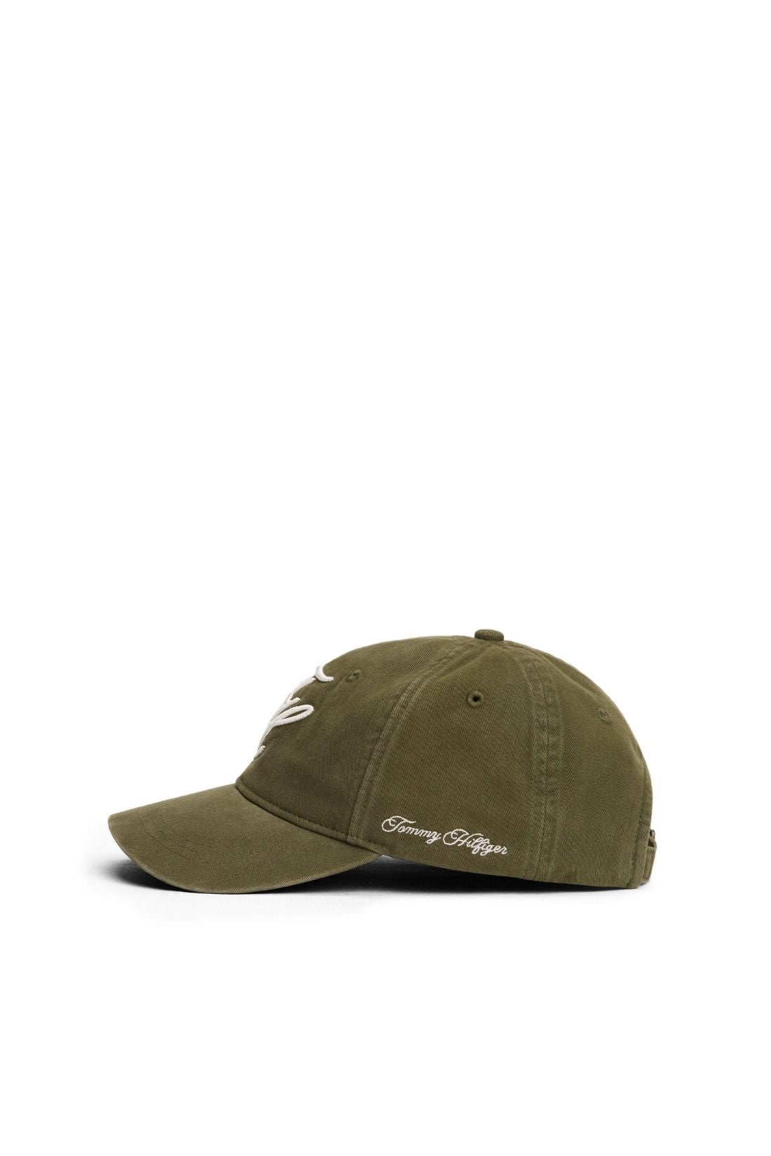 Military green women's organic cotton baseball cap featuring front monogram embroidery and six-panel construction — view 12