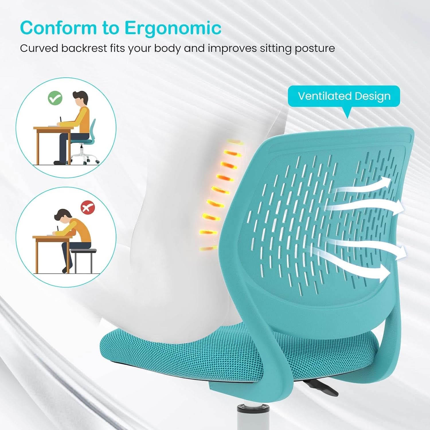 Turquoise height adjustable kids desk chair with ergonomic lumbar support and swivel wheels — view 4
