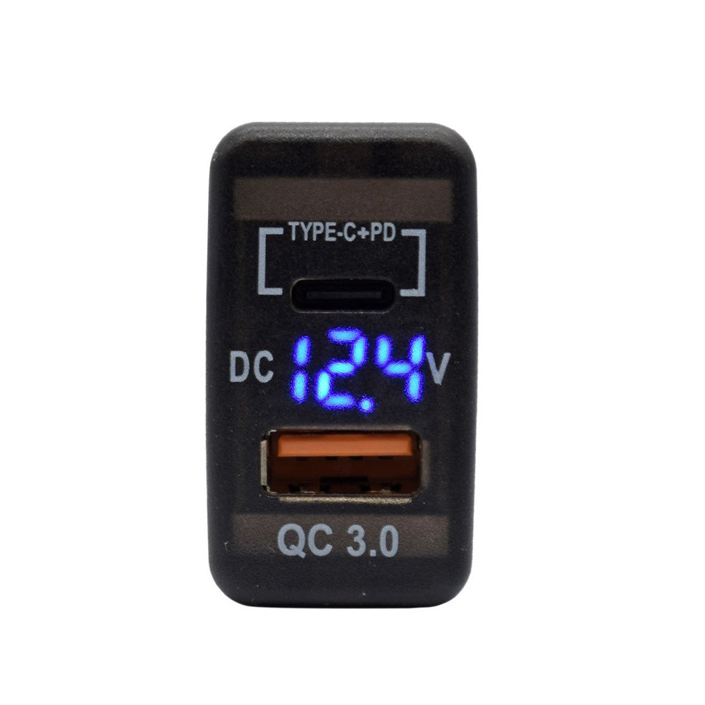 Black dual port Type-C USB car charger adapter with blue LED digital voltmeter display — view 5