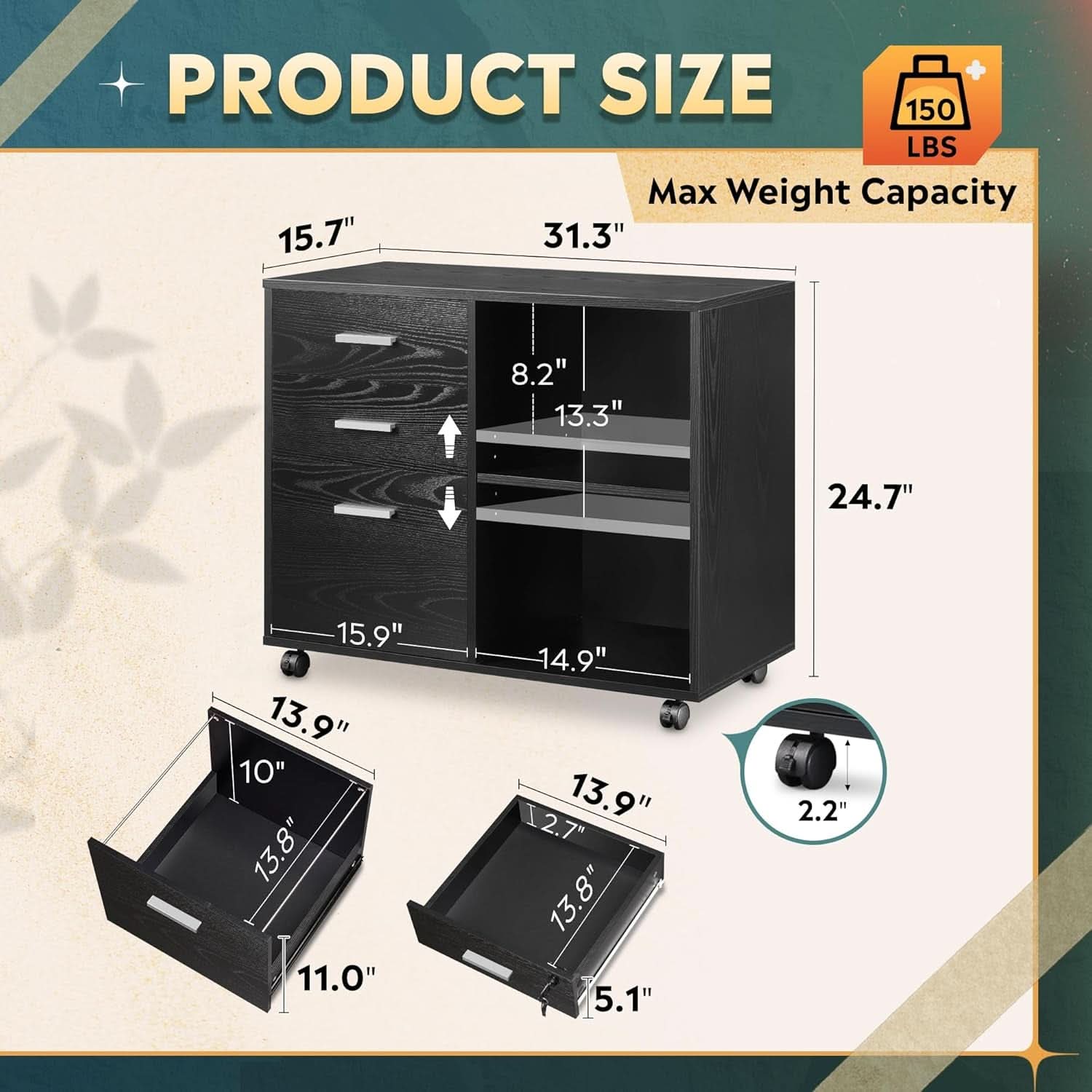 Black wood mobile 3-drawer file cabinet and printer stand with open shelves and rolling casters — view 2
