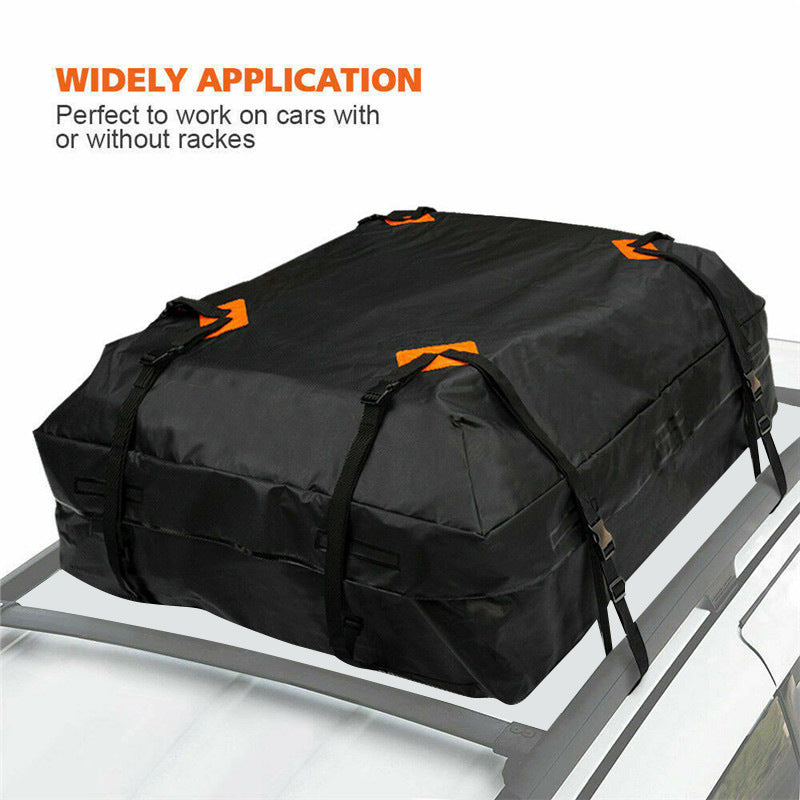 Waterproof ABS roof cargo box with orange trim, mounted securely on a vehicle roof rack — view 2